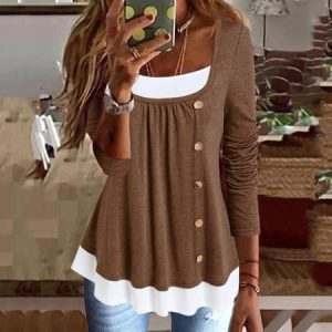 Crew Neck Long Sleeve Color Block Lace Regular Micro-Elasticity Loose Blouse For Women, Blouses, color:Deep Brown|size:3XL, catalog Noracora shop
