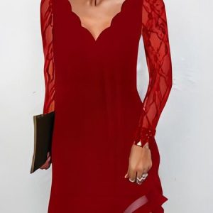 Women Plain V Neck Long Sleeve Comfy Casual Mesh Short Dress, Dresses, color:Red|size:3XL, catalog Noracora shop