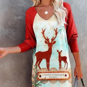 Women Christmas V Neck Long Sleeve Comfy Casual Mini Dress, Dresses, color:Red|size:3XL, catalog Noracora shop