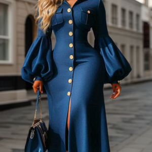 Buttoned Balloon Sleeve Shirt Collar Elegant Party Dress, Midi Dresses, color:Blue|size:XXL, Stylewe