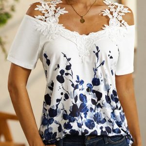 Casual Floral Short Sleeve V Neck Printed Top T-Shirt, T-shirts, color:White|size:XXL, catalog Noracora shop