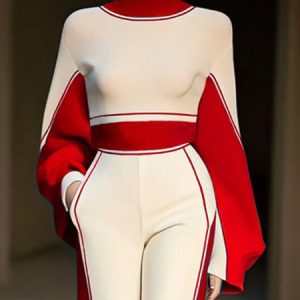 Raglan Sleeve Elegant Mock Neck Color Block Sweatshirt, Pullovers, color:White-Red|size:XXL, Stylewe