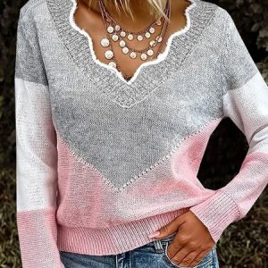 Women Yarn/Wool Yarn Color Block Long Sleeve Comfy Casual Sweater, Sweaters, color:pink-gray|size:XL, catalog Noracora shop