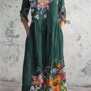 Women Floral V Neck Long Sleeve Comfy Casual Maxi Dress, Dresses, color:Green|size:XXL, catalog Noracora shop