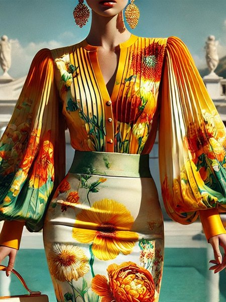 Romantic Balloon Sleeve Floral Elegant Shirt, Blouses and Shirts, color:As Picture|size:XXL, Stylewe