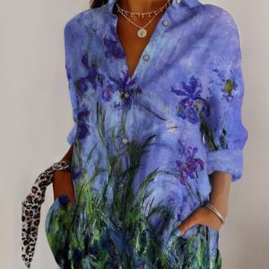 Shirt Collar Long Sleeve Geometric Regular Micro-Elasticity Regular Fit Shirt For Women, Shirts, color:Purple|size:5XL, catalog Noracora shop