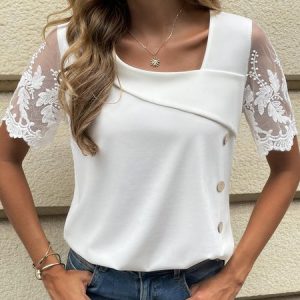 Casual Asymmetrical Neck Buttoned Mesh Shirt, Blouses, color:White|size:XS, catalog Noracora shop