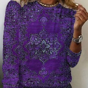 Ethnic Print Long Sleeve Crew Neck T-shirt, Long sleeves, Lilicloth.com