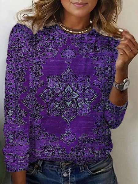 Ethnic Print Long Sleeve Crew Neck T-shirt, Long sleeves, Lilicloth.com