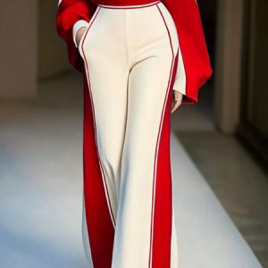 Elegant Loose Color Block Wide Leg Pants, Pants, color:White-Red|size:XXL, Stylewe