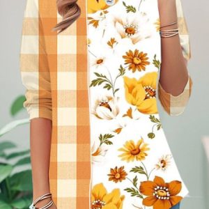 Casual Halloween Plaid And Floral Print Crew Neck Long Sleeve T-shirt, T-shirts, color:Yellow|size:XXL, catalog Noracora shop