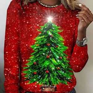 Vintage Christmas Tree Pattern Crew Neck Long Sleeve T-shirt, T-shirts, color:Red|size:5XL, catalog Noracora shop