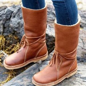 Vintage Plain Wearable Lace-Up Block Heel Snow Boots, Boots, color:Deep Brown|size:43, catalog Noracora shop