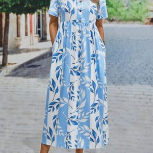 Plus size Casual Floral Short Sleeve Dresses, Midi, color:Blue|size:XS, catalog Noracora shop