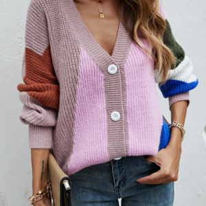 Women Wool/Knitting Color Block Long Sleeve Comfy Casual Cardigan, Sweaters, color:Pink|size:M, catalog Noracora shop