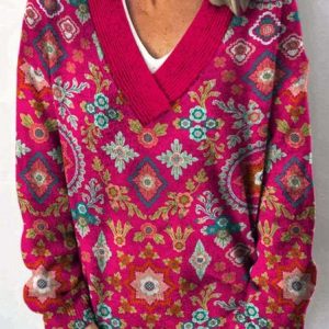 Women Yarn/Wool Yarn Ethnic Long Sleeve Comfy Casual Sweater, Sweaters, color:Red|size:4XL, catalog Noracora shop