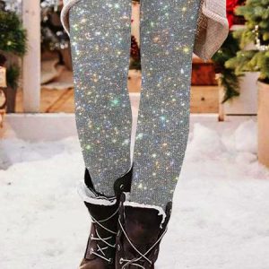 Casual Christmas Sequin Pattern Long Leggings, Leggings, color:Silver|size:XXL, catalog Noracora shop
