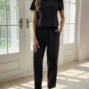 Casual Plain Short Sleeve Buckle Asymmetrical Collar Lace-up Top With Pockets Pants Two-Piece Set, Sets, color:Black|size:XS, catalog Noracora shop