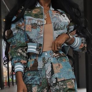 Urban Random Print Loosen Stand Collar Jacket, Jackets, color:As Picture|size:XXL, Stylewe