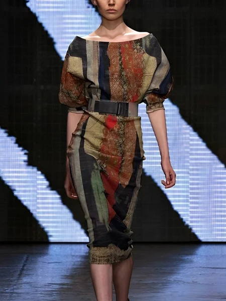 Urban Random Print Balloon Sleeve Printing Boat Neck Midi Dress With Belt, Midi Dresses, color:As Picture|size:XXL, Stylewe