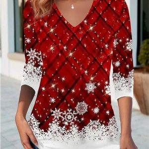Casual Christmas V Neck Long Sleeve T-shirt, T-shirts, color:Red|size:5XL, catalog Noracora shop