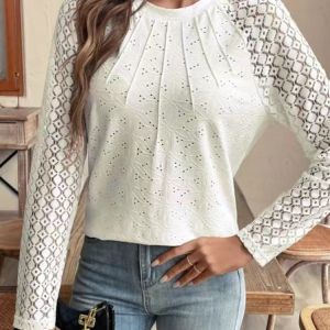 Crew Neck Long Sleeve Plain Lace Regular Micro-Elasticity Loose Blouse For Women, Blouses, color:White|size:XL, catalog Noracora shop