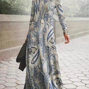Women Ethnic Crew Neck Long Sleeve Comfy Casual Maxi Dress, Maxi, color:Blue|size:XXL, catalog Noracora shop