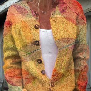 Women Leaf Long Sleeve Comfy Casual Buttoned Cardigan, Cardigans, color:Orange|size:3XL, catalog Noracora shop