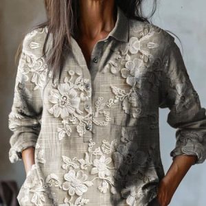 Henley Collar Long Sleeve Floral Regular Regular Fit Shirt For Women, Shirts, color:Light Khaki|size:5XL, catalog Noracora shop
