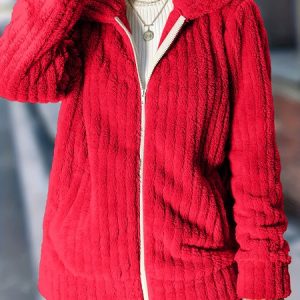 Women's Plain Zipper Thicken Loose Teddy Jacket, Outerwear, color:Red|size:5XL, catalog Noracora shop