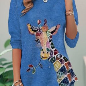 Casual Animal Crew Neck Long Sleeve T-shirt, T-shirts, color:Blue|size:XXL, catalog Noracora shop