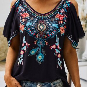 Boho V neck Printed Short Sleeve Short Sleeve T-shirt, Blouses, color:Black|size:XXL, catalog Noracora shop