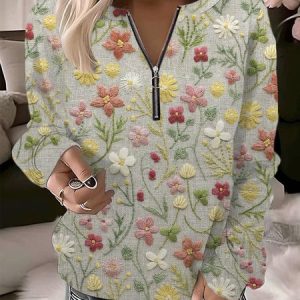 Casual Crew Neck Floral Sweatshirt Zipper, Hoodies & Sweatshirts, color:Multicolor|size:XXL, catalog Noracora shop