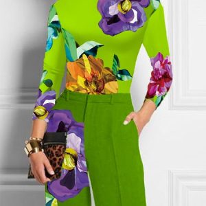 Turtleneck Urban Floral Tight Printing T-Shirt, Tees, color:Green|size:XXL, Stylewe