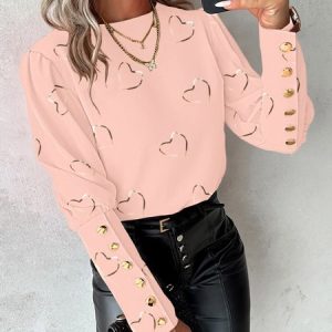 Crew Neck Long Sleeve Heart/Cordate Regular Micro-Elasticity Loose Blouse For Women, Blouses, color:Pink|size:XXL, catalog Noracora shop