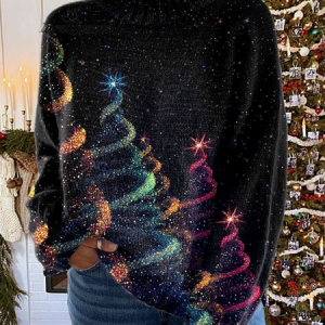 Casual Turtleneck Christmas Tree Art Print Sweatshirt, Hoodies & Sweatshirts, color:Black|size:3XL, catalog Noracora shop