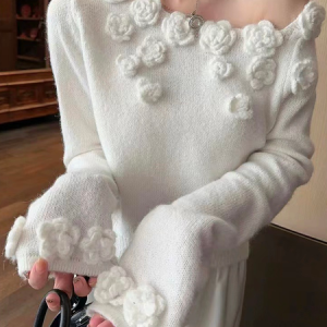 Floral 3D Floral Crew Neck Elegant Sweater, Pullovers, color:White|size:XXL, Stylewe