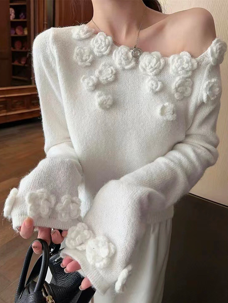 Floral 3D Floral Crew Neck Elegant Sweater, Pullovers, color:White|size:XXL, Stylewe