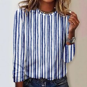 Women's Long Sleeve Tee T-shirt Spring/Fall Striped Jersey Crew Neck Daily Going Out Casual Top, JustFashionNow T-Shirts, color:Blue|size:5XL