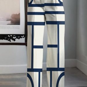 Urban Striped Straight Pants, Pants, color:white-blue|size:XXL, Stylewe