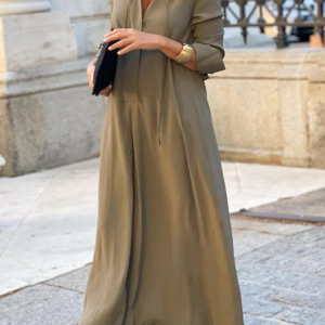 Women Plain Crew Neck Long Sleeve Comfy Casual Lace Maxi Dress, Dresses, color:Brown|size:3XL, catalog Noracora shop