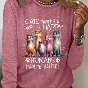 Cats Make Me Happy Humans Make My Head Hurt Casual Long Sleeve Shirt, Long sleeves, Lilicloth.com