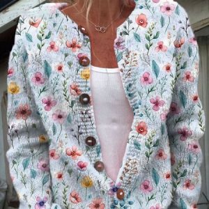 Women Floral Long Sleeve Comfy Casual Buckle Cardigan, Cardigans, color:Sky Blue|size:4XL, catalog Noracora shop