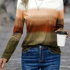 Casual Geometric Crew Neck T-Shirt, Long sleeves, Lilicloth.com