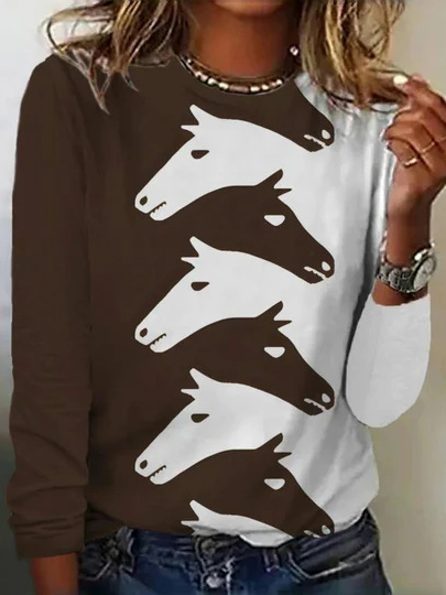 Loose Horse Casual Jersey T-Shirt, Long sleeves, Lilicloth.com