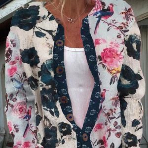 Women Floral Long Sleeve Comfy Casual Buckle Cardigan, Cardigans, color:Multicolor|size:3XL, catalog Noracora shop