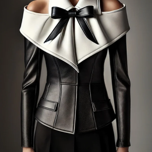 Off Shoulder Shirt Collar Faux Leather Coat, Jackets, color:Black-white|size:XXL, Stylewe