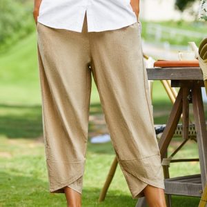 Plain Autumn Linen No Elasticity Loose Wide leg pants Cotton H-Line Regular Casual Pants for Women, Pants, color:Khaki|size:3XL, catalog Noracora shop