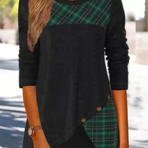 Crew Neck Long Sleeve Plaid Regular Micro-Elasticity Loose Blouse For Women, Blouses, color:Gray|size:3XL, catalog Noracora shop