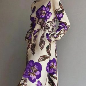 Floral Turtleneck Elegant Long Sleeve Sweater Dress, Midi Dresses, color:Purple|size:XXL, Stylewe